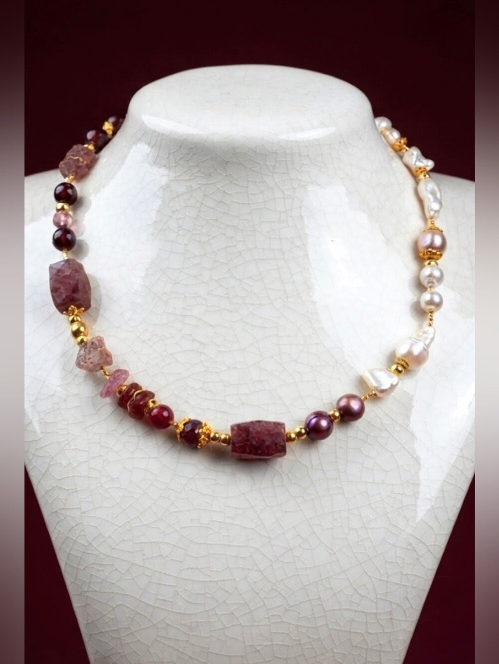Rusty Pink Strawberry Quartz & White Baroque Pearls In Assymetrical Necklace